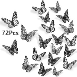 3D Butterfly Wall Stickers, 72Pcs 3 Sizes 3 Styles, Removable Metallic Wall Decals Fridge Sticker Room Mural Decoration for Kids Bedroom Nursery Classroom Party Wedding Decor DIY Gift (Black)