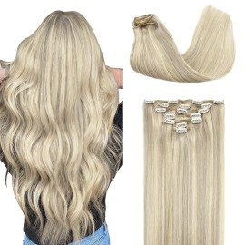GOO GOO Clip in Hair Extensions Real Human Hair, Remy Human Hair Extensions Clip ins for Women, Natural Human Hair, 16inch 120g 7Pcs, 17A/60A Ash Blonde Highlighted Platinum Blonde