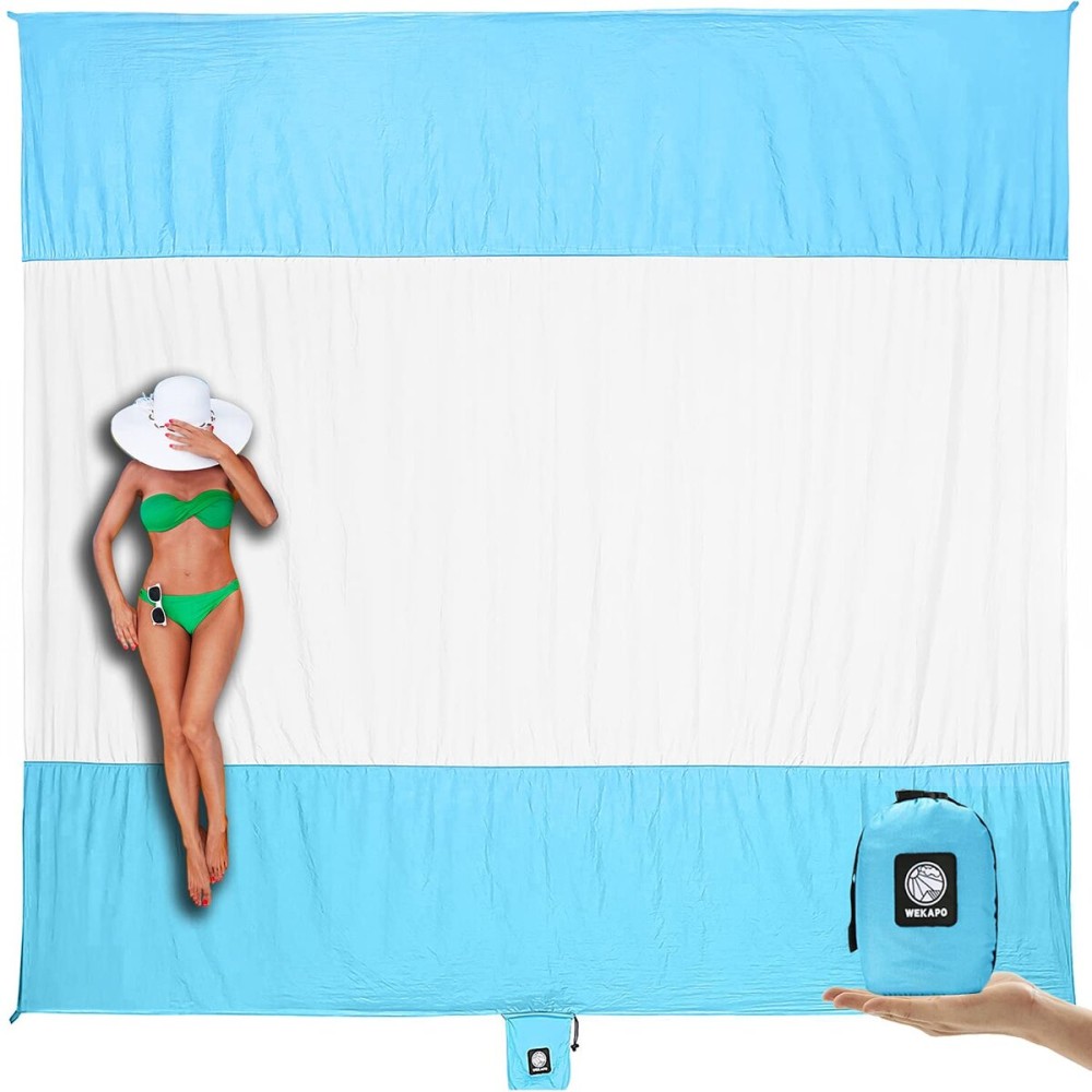 WEKAPO Beach Blanket - Sandproof Waterproof Extra Large Beach Mat | Oversized Sand-Free Lightweight Quick-Drying | Beach Vacation Essentials with Stakes & Corner Pockets (White, 9x10 FT)