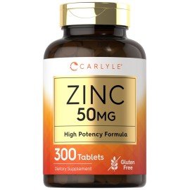 Carlyle Zinc 50mg | 300 Tablets | Vegetarian, Non-GMO, and Gluten Free Supplement | Zinc Gluconate | High Potency Formula