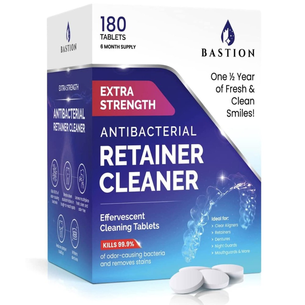 Retainer Cleaner & Denture Cleanser - 180 Effervescent Tablets 6 Month Supply Removes Stains, Discoloration, Odors, Plaque Clear Aligners, Mouth Night Guard, All Dental/Oral Appliances