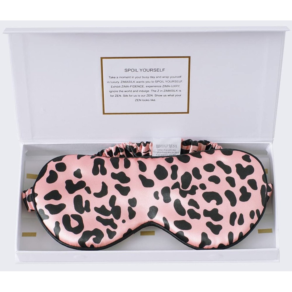 ZIMASILK Adjustable 100% 22 Momme Mulberry Silk Sleep Mask for Sleeping, Filled with Premium Mulberry Silk, Softest & Breathable Eye Sleeping Mask (Leopard - Black Pink)