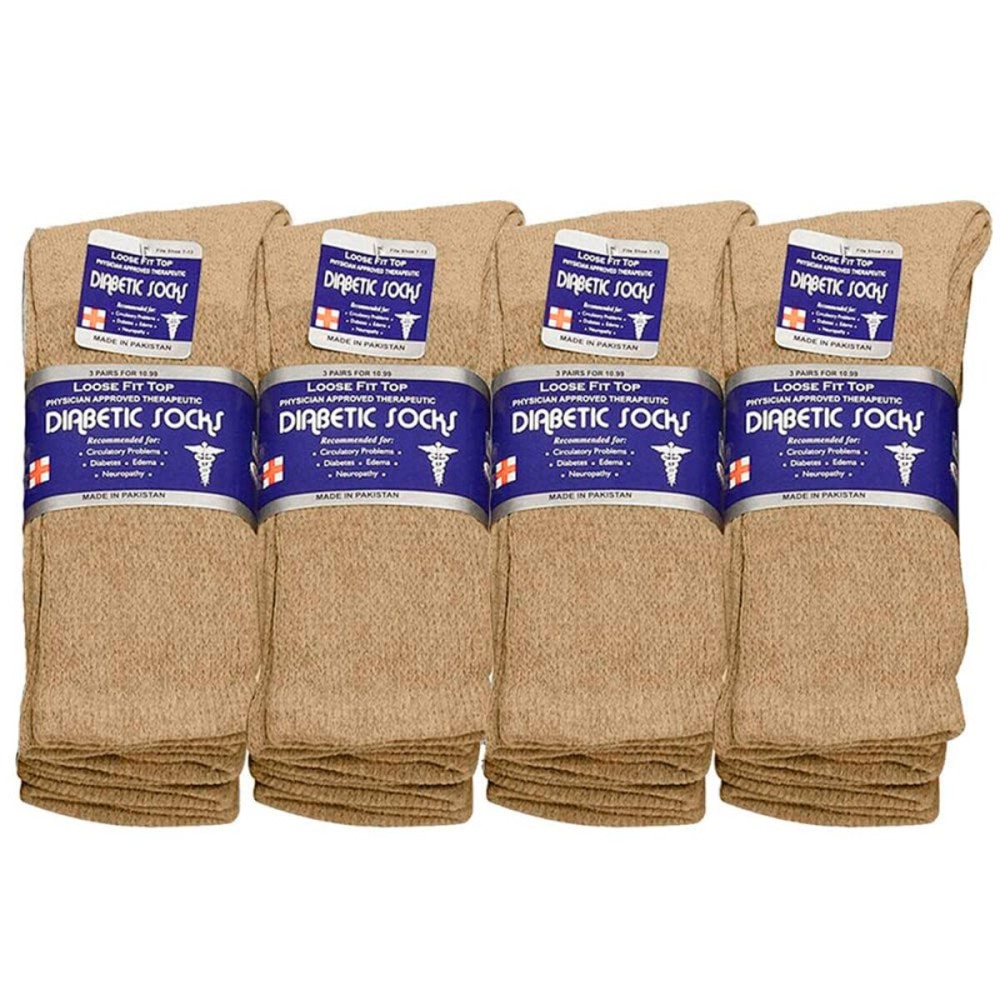 Falari Physicians Approved Diabetic Socks For Men Women Non-Binding Loose Top Wide Crew Length (12-Pack, Khaki, 10-13)