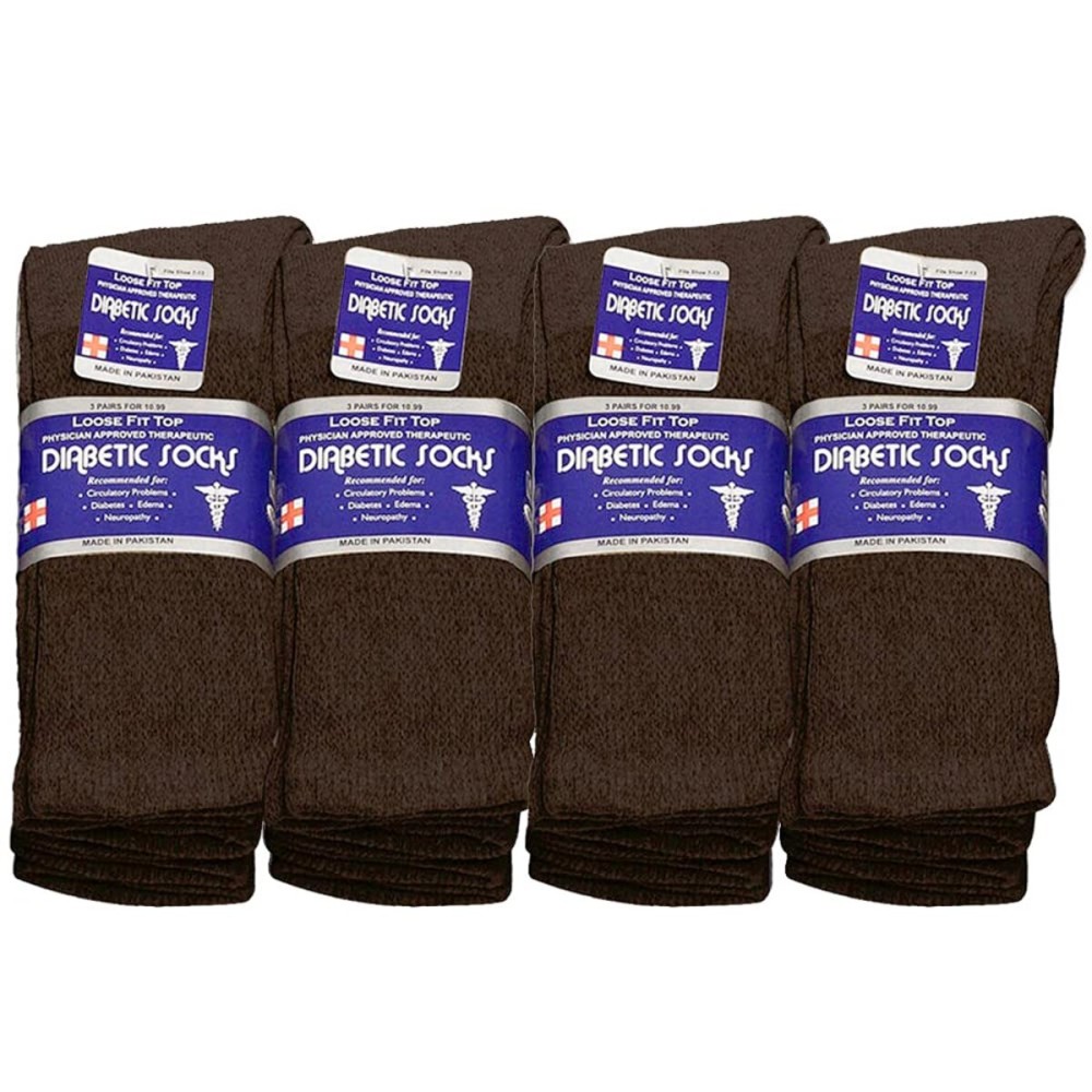 Falari Physicians Approved Diabetic Socks For Men Women Non-Binding Loose Top Wide Crew Length (12-Pack, Brown, 13-15)