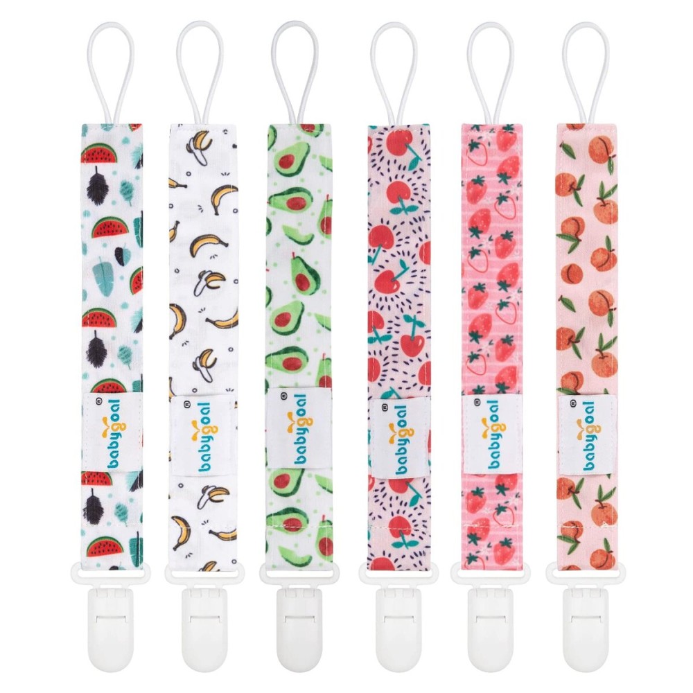 babygoal Fruit Pacifier Clips, 6 Pack Binky Paci Holder Clips Leashes Fits for Most Pacifiers and Binkies 6PS28-B
