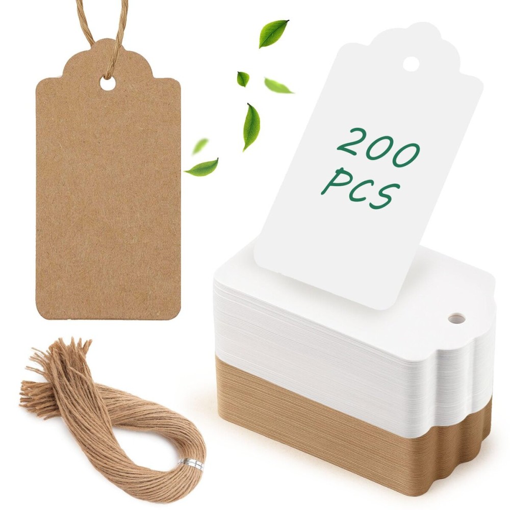 SallyFashion 200pcs Gift Tags with String Attached, 2x4 inch Kraft Paper Hang Tags for Clothes DIY Crafts Wedding Holiday (Brown White)