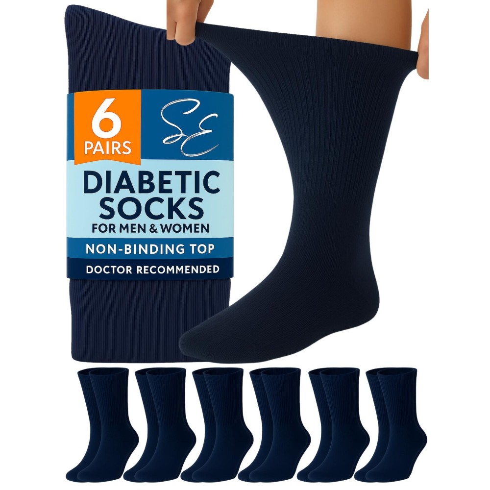 Special Essentials Diabetic Socks for Men & Women - 6 Pairs of Non-Binding Extra Wide Top Cotton Neuropathy Socks - Crew Length, Navy, 13-15