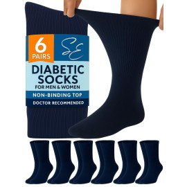 Special Essentials Diabetic Socks for Men & Women - 6 Pairs of Non-Binding Extra Wide Top Cotton Neuropathy Socks - Crew Length, Navy, 9-11