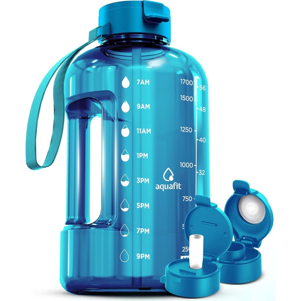 AQUAFIT 64 oz Water Bottle with Time Marker - Straw & Chug Lid - BPA Free Half Gallon Gym Water Bottle with Handle - Big Gallon Jug (Aqua, 64 Ounces)