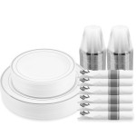 175 Piece Silver Dinnerware Set,25 Silver Rim Plastic Plates, 25 Cups,25 Pre Rolled Napkins with Plastic Silverware, Disposable Dinnerware Set for 25 Guest