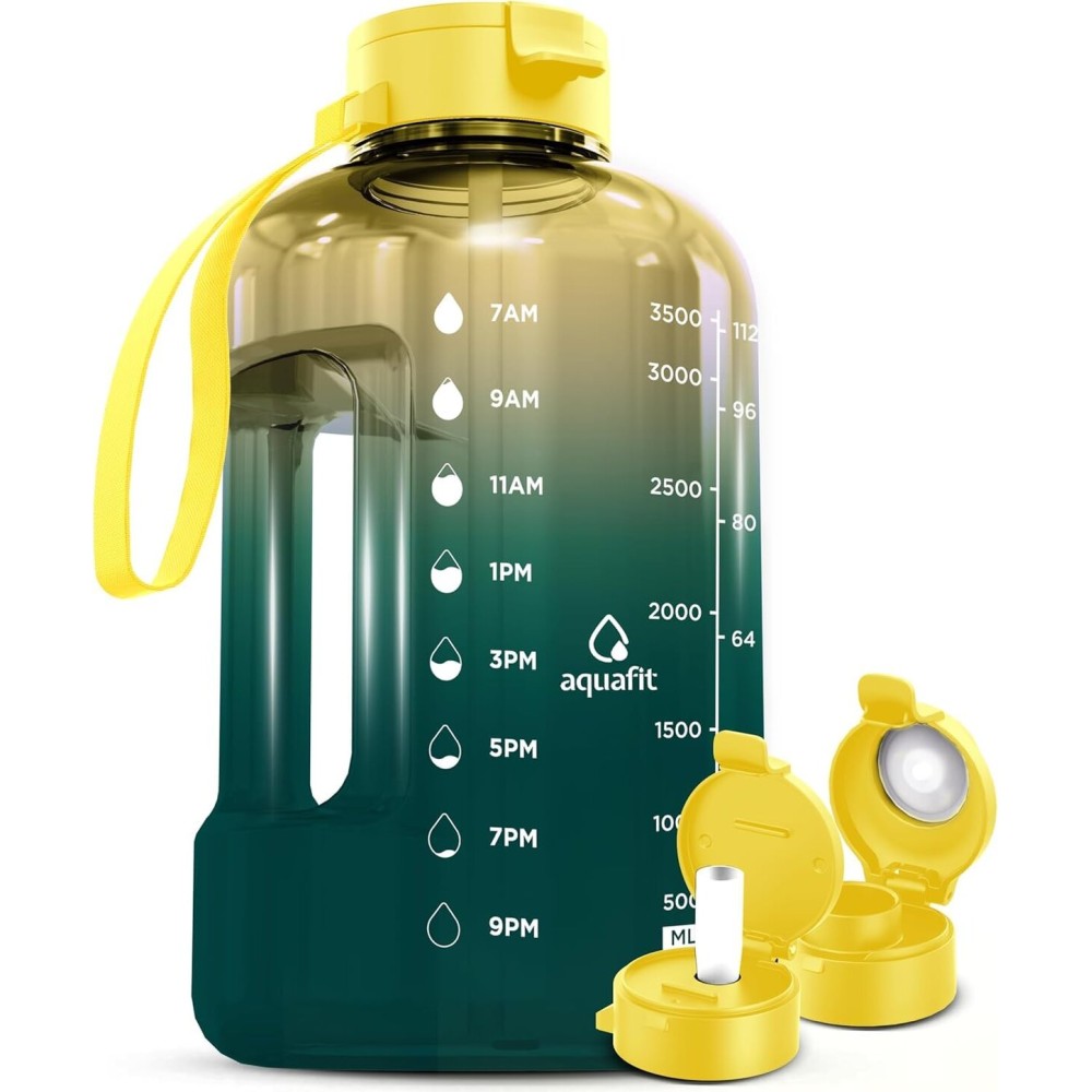 AQUAFIT 1 Gallon Water Bottle with Time Marker - Straw & Chug Lid - BPA Free Gym Water Bottle with Straw - Big Gallon Jug (Forest Fade, 128 oz - 2 Lids)