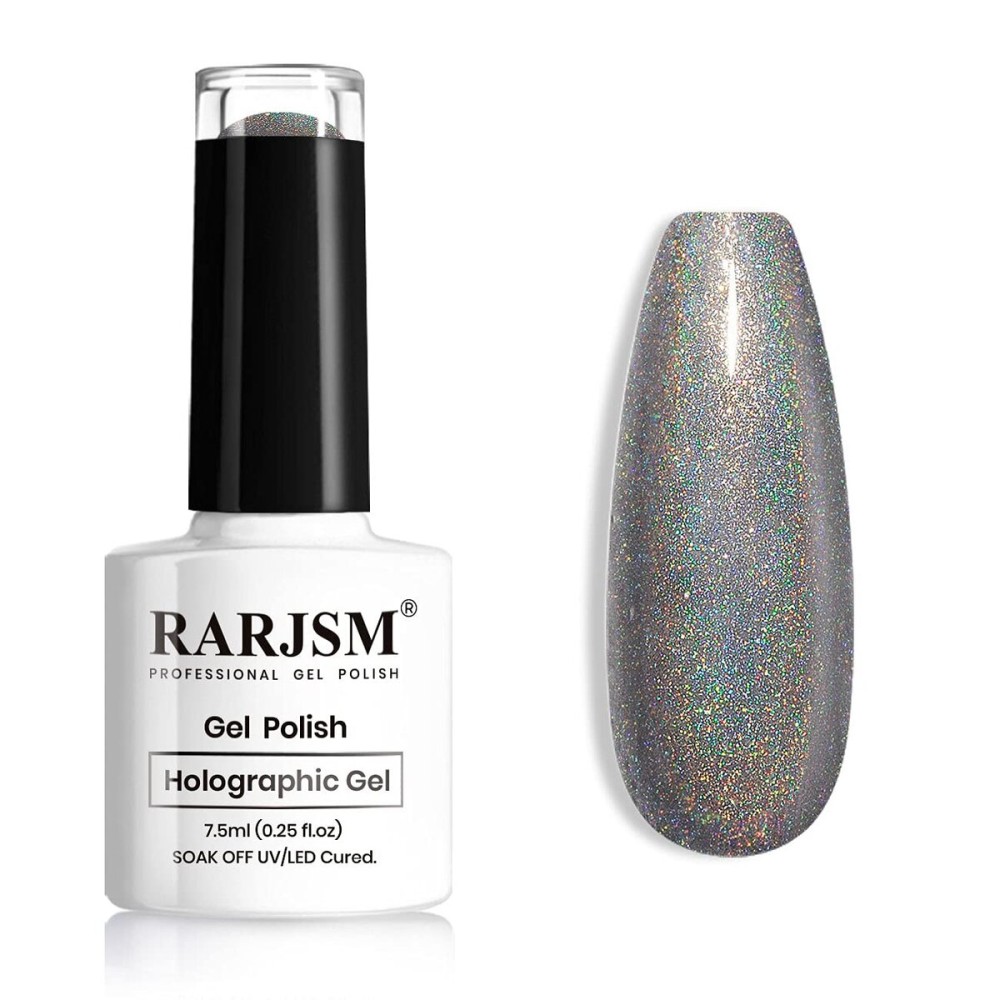 RARJSM Holographic Gel Nail Polish Grey Gorgeous Glossy Soak off Nail Gel with Glitter Mermaid Unicorn Effect Curing Required for Nail Art Design Manicure Salon DIY at Home