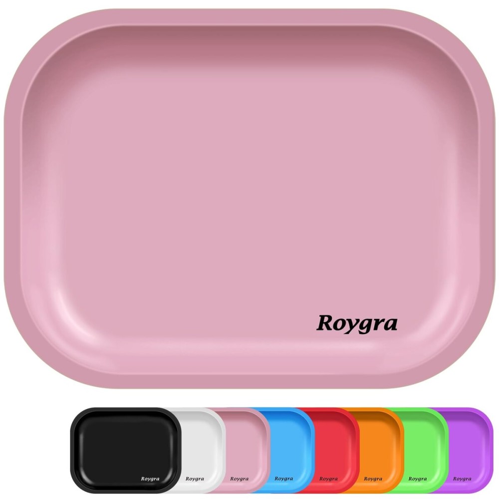 roygra Rolling Tray, Small Metal Tray, Cigarette Pre Roll Smoking Accessories, Portable Matte Rolling Trays for Smokers, Home Table Decor, Patio Decorations, 7 x 5.5 inch - Pink