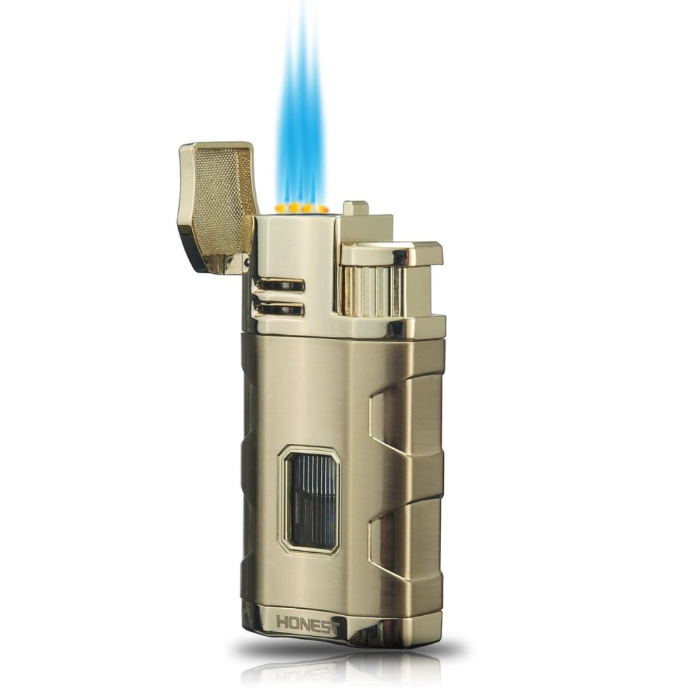 Metal Lighter Triple Jet Flame Refillable Butane Lighter Windproof Lighters with Punch Rest Holder - Butane Not Included (Gold)