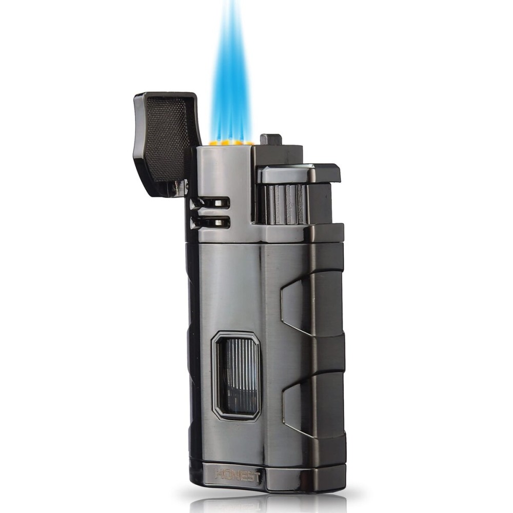 PROMISE Metal Lighter Triple Jet Flame Refillable Butane Windproof Lighter- Butane Not Included (Black)
