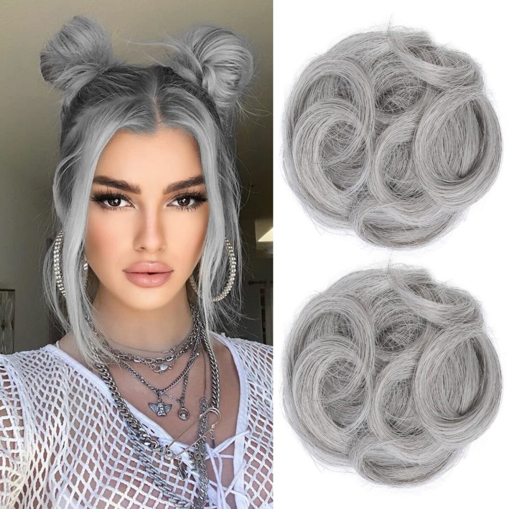 REECHO Space Bun Hair Pieces, 2 PCS Mini Claw Clip in Messy & Cat Ears Fake Hair Bun Extensions HB001 Wig Accessory Updo Hairpieces (Pack of 2-3.5 Wavy, Grey/Brown/Silver/White Mixed)