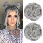 REECHO Space Bun Hair Pieces, 2 PCS Mini Claw Clip in Messy & Cat Ears Fake Hair Bun Extensions HB001 Wig Accessory Updo Hairpieces (Pack of 2-3.5 Wavy, Grey/Brown/Silver/White Mixed)