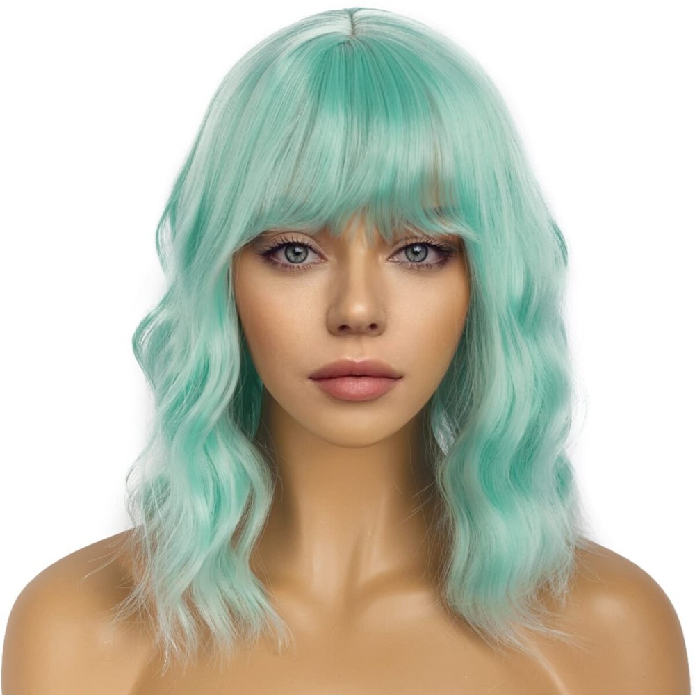 LANCAINI Short Bob Wigs with Bangs for Women Loose Wavy Wig Curly Wavy Shoulder Length Bob Synthetic Cosplay Wig for Girl Colorful Costume Wigs (Mint Green)