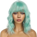 LANCAINI Short Bob Wigs with Bangs for Women Loose Wavy Wig Curly Wavy Shoulder Length Bob Synthetic Cosplay Wig for Girl Colorful Costume Wigs (Mint Green)