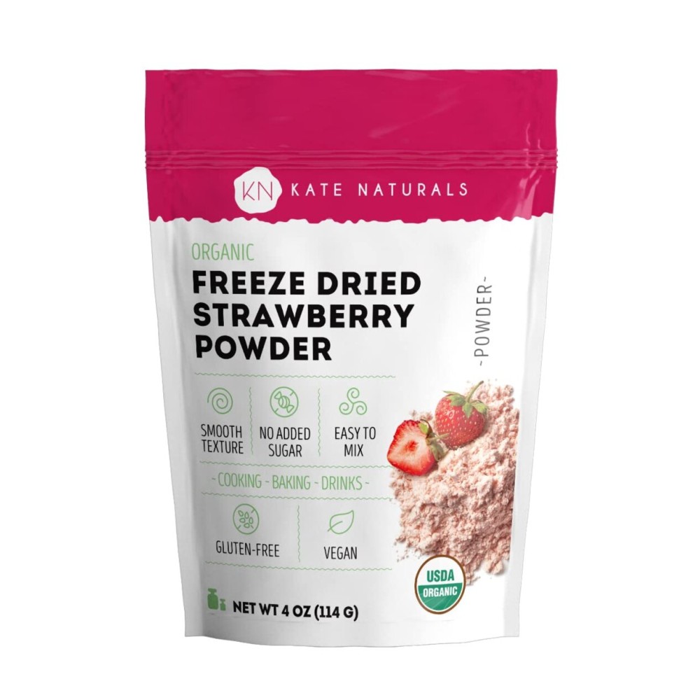 Kate Naturals Organic Freeze Dried Strawberry Powder for Baking & Drinks. Natural Strawberry Flavoring for Cakes, Icing & Smoothies (4oz, No Added Sugar)