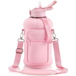 Fimibuke Half Gallon Water Bottle with Sleeve 64 OZ Water Bottle with Handle & Straw Leakproof Motivational Sports Gym Water Bottle with Time Marker BPA Free Water Jug with Neoprene Holder - Rose Pink