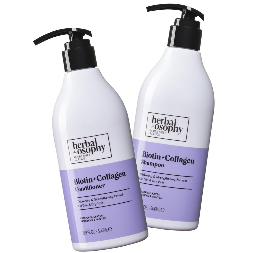 Herbalosophy Biotin & Collagen Shampoo & Conditioner Set, Hair Growth Thickening, Repair Dry, Damaged Hair Set, Infused with Vitamin B7 & Argan Oil, Sulfate, Parabens and Gluten Free, 2 x 16.9 Fl Oz