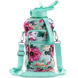 Fimibuke Half Gallon Water Bottle with Sleeve 64 OZ Water Bottle with Handle & Straw Leakproof Motivational Sports Gym Water Bottle with Time Marker Water Jug with Neoprene Holder - Floral Bloom