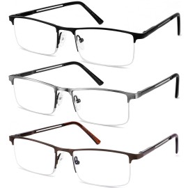 JJWELL 3 Pack Blue Light Reading Glasses for Men, Lightweight Metal Rectangle Semi Rimless Readers for Men, Anti Eyestrain/Computer Glare/UV, Half Frame Spring Hinge Eyeglasses with Pouches(3.25)