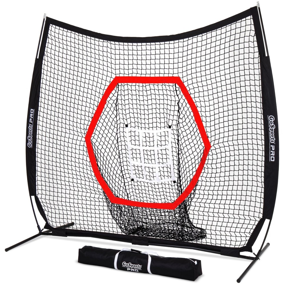 GoSports 7 ft x 7 ft Baseball & Softball Practice Hitting & Pitching Net with Bow Type Frame, Carry Bag and Strike Zone, Great for All Skill Levels