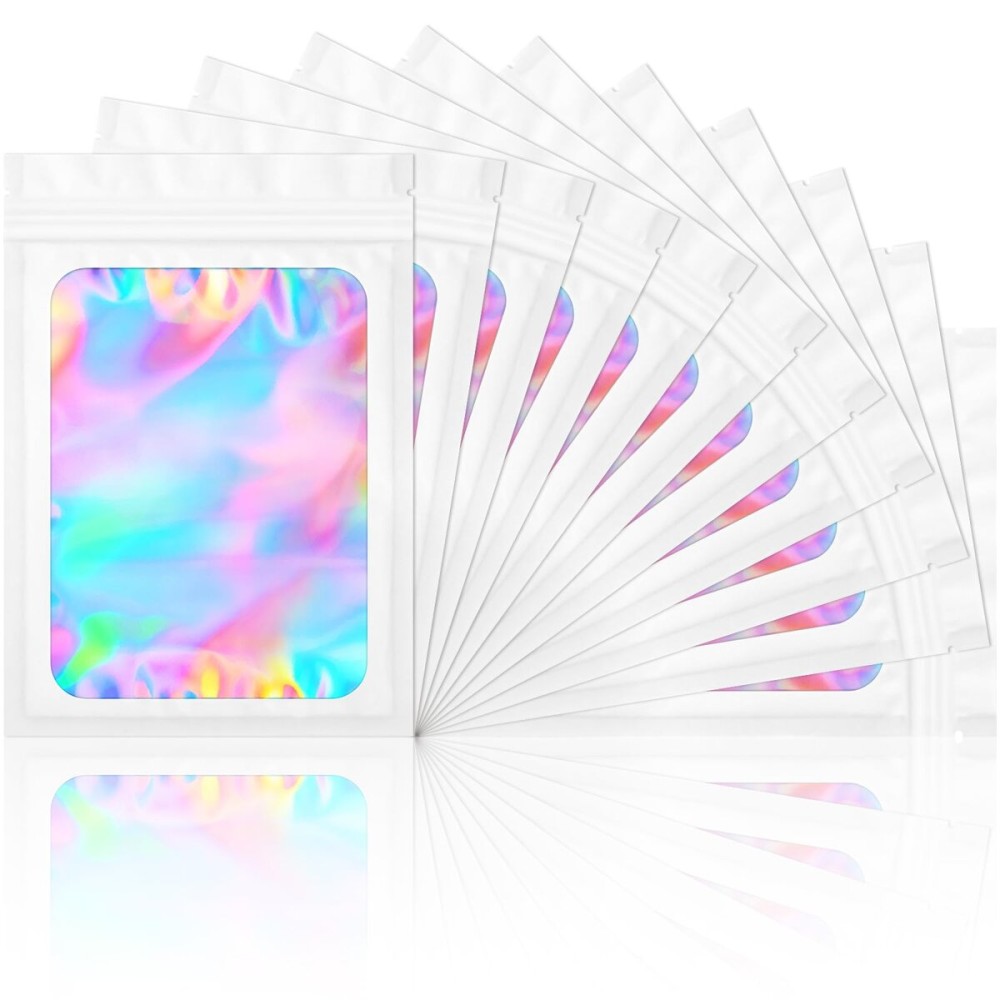 100 Pack Smell Proof Bags- Resealable Mylar Holographic Packaging Pouch Bag with Clear Window for Food Storage Eyelash Jewelry Electronics Storage (White, 3.5 x 4.7 Inch)