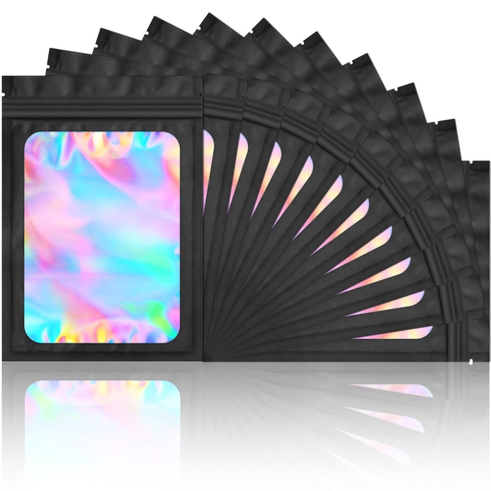 100 Pieces Smell Proof Mylar Bags- Resealable Holographic Packaging Pouch Bag with Clear Window for Food Storage Eyelash Jewelry Electronics Storage (Black, 4 x 6 Inch)