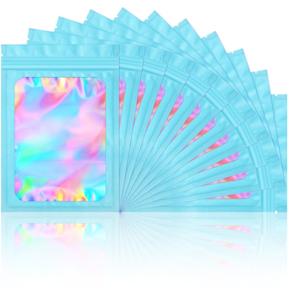 100 Pieces Smell Proof Mylar Bags- Resealable Holographic Packaging Pouch Bag with Clear Window for Food Storage Eyelash Jewelry Electronics Storage (Blue, 5.5 x 7.8 Inch)