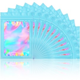 100 Pieces Smell Proof Mylar Bags- Resealable Holographic Packaging Pouch Bag with Clear Window for Food Storage Eyelash Jewelry Electronics Storage (Blue, 5.5 x 7.8 Inch)