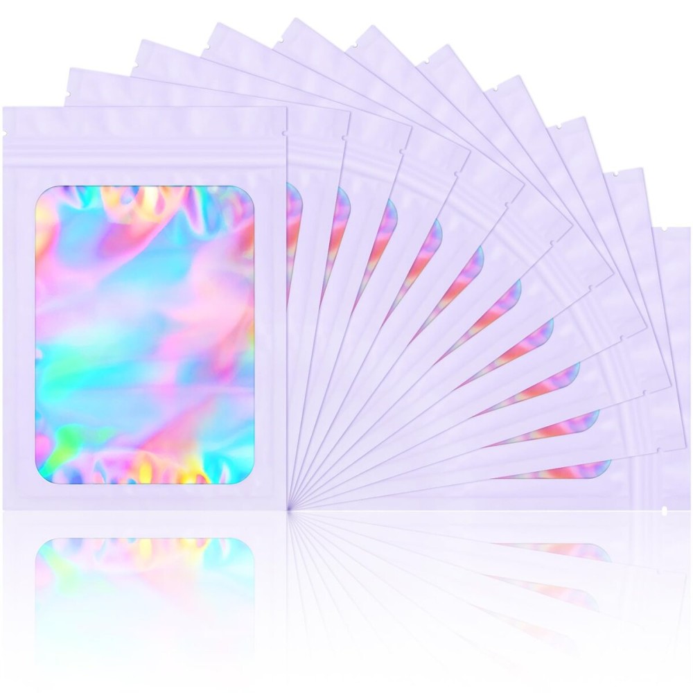 100 Pieces Smell Proof Mylar Bags- Resealable Holographic Packaging Pouch Bag with Clear Window for Food Storage Eyelash Jewelry Electronics Storage (Purple, 2.8 x 4 Inch)