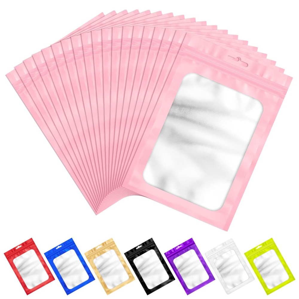 100 Pieces Pink Resealable Mylar Bags with Frosted Clear Window Smell Proof Packaging Bags Foil Pouch Zip Bag for Food Self Sealing Storage Supplies 5.12x8.27 inches