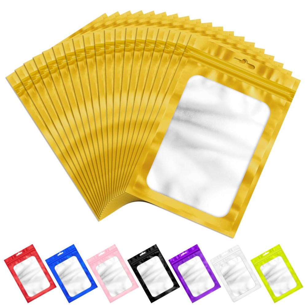 100 Pack Resealable Bags, Resealable Packaging Mylar Bags, Heat Seal Bag with Frosted Clear Window, Foil Pouch Smell Proof Zipper Bag for Food Storage (Golden, 4.13 x 5.91 Inches)