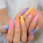 Coolnail Glossy Ombre Rainbow French Coffin False Nails Summer Colorful Super Long Fake Ballet Nail Yellow Pink Purple Nude Reusable Wear