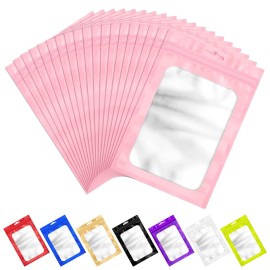 100 Pieces Pink Resealable Mylar Bags with Zip and Frosted Clear Window Resealable Packaging Bags Foil Pouch Zipper Bag for Food Self Sealing Storage Supplies 6.29x9.44 inches