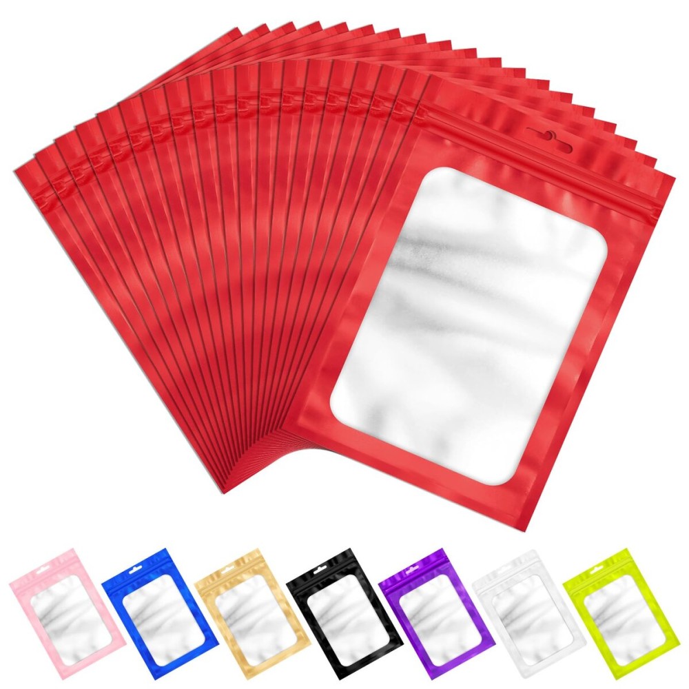 100 Pack Smell Proof Bags, Resealable Packaging Mylar Bags, Heat Seal Bags with Frosted Clear Window, Foil Pouch Smell Proof Zipper Bag for Food Storage (Red, 4.13 x 5.91 Inches)