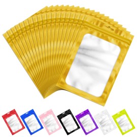 100 Pieces Resealable Mylar Bags with Frosted Clear Window Smell Proof Packaging Bags Foil Pouch Zip Treat Bag for Food Self Sealing Storage Supplies (Golden, 2.753.93 inches)