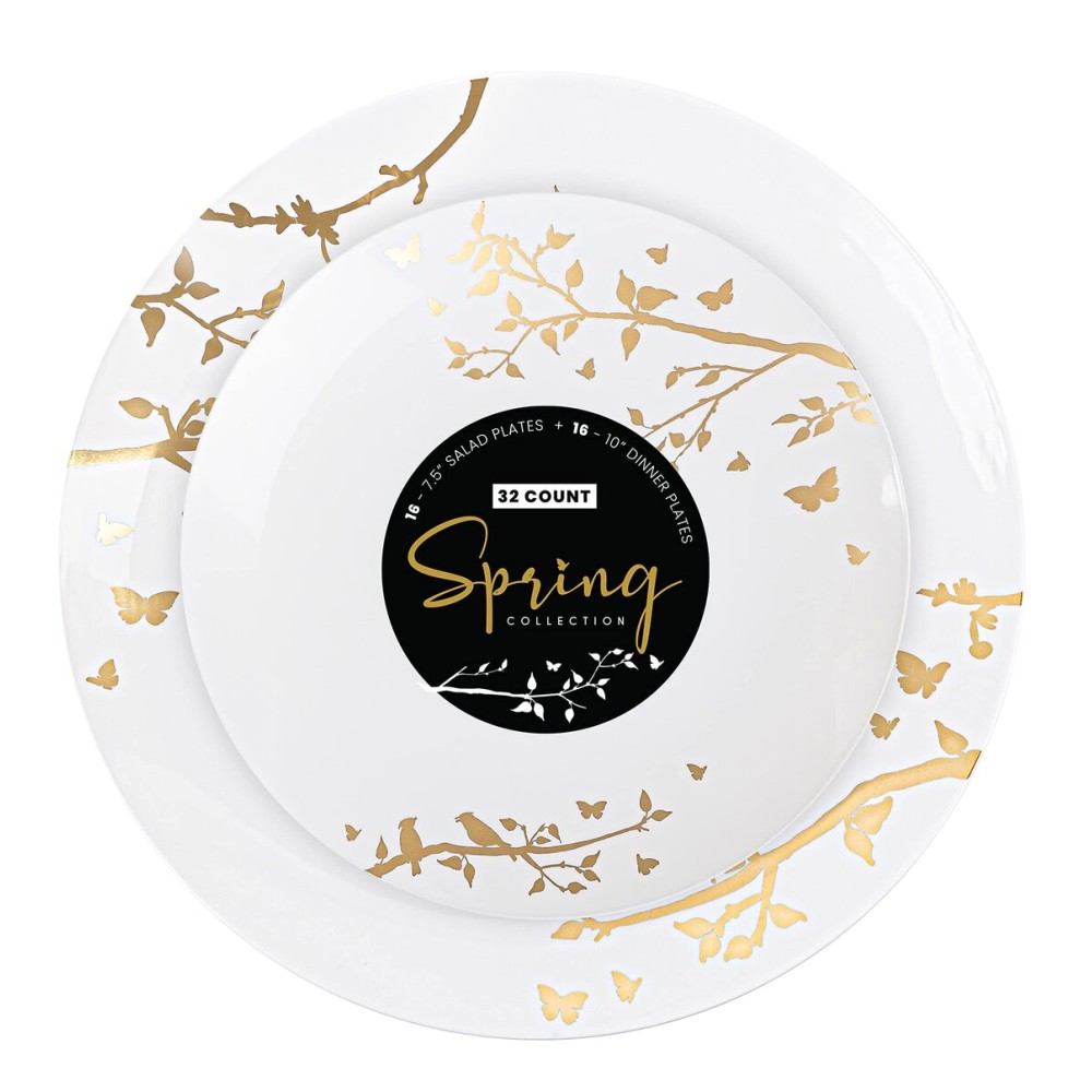 Plasticpro White Plastic Design Party Plates Premium heavyweight Elegant Disposable Tableware Dishes (32, Spring Collection Gold)