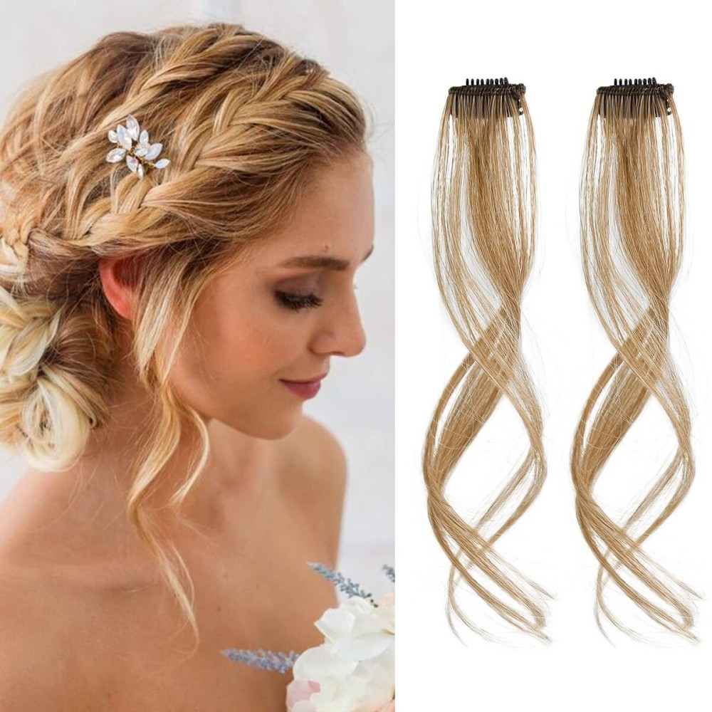 REECHO Long Side Air Bangs, Wavy Curly Clip in Bangs Front Side Bangs for Women Daily Use 2 PCS Set Long Temples-Golden Blonde with Highlights