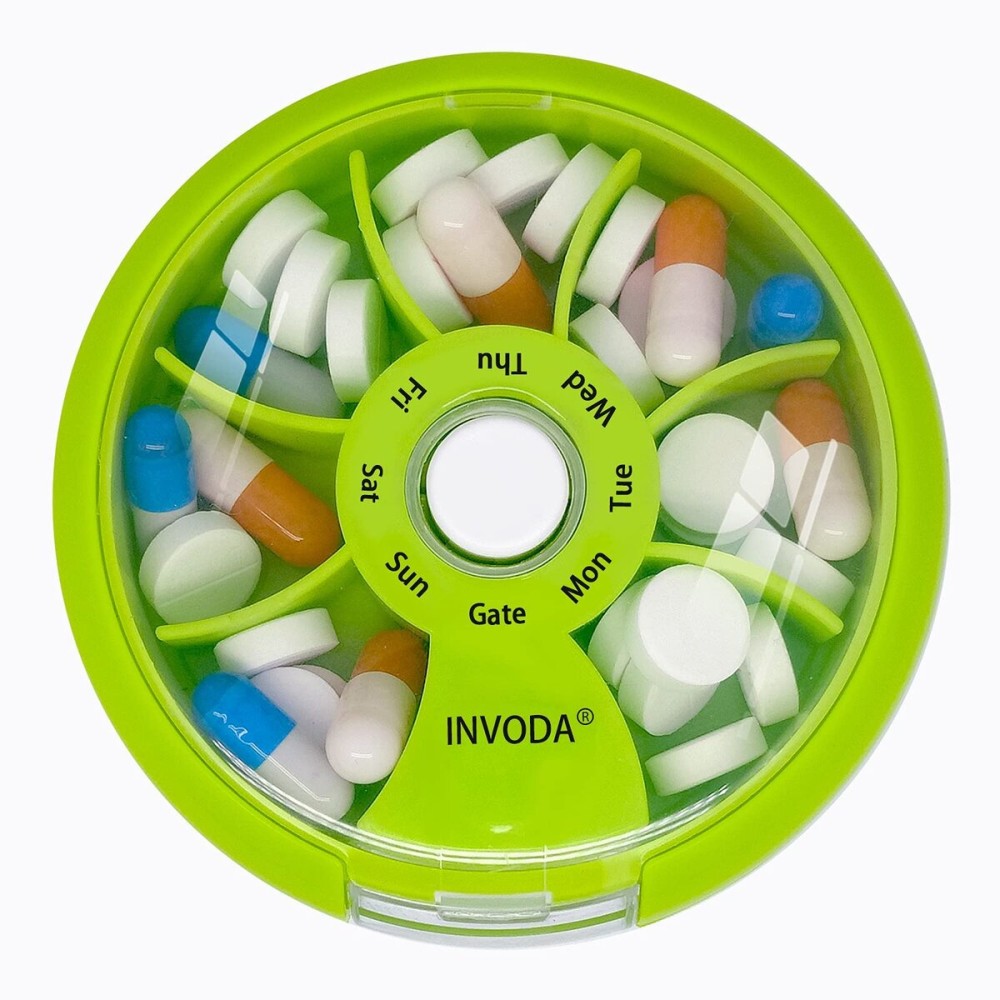 INVODA Weekly Pill Organizer 7 Compartment Rotating Pill Box for Daily Medication & Vitamins - Portable Travel Pill Case Fish Oil Supplements Vitamins Organizer (Orange)