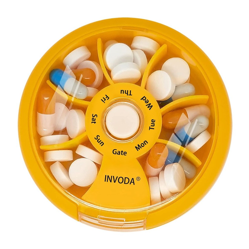 INVODA Weekly Pill Organizer 7 Compartment Rotating Pill Box for Daily Medication & Vitamins - Portable Travel Pill Case Fish Oil Supplements Vitamins Organizer (Orange)