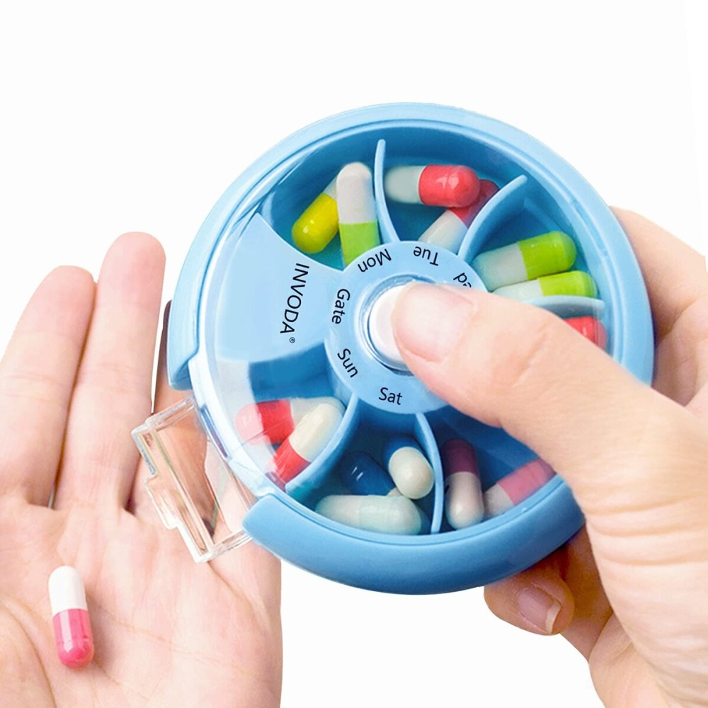 INVODA Weekly Pill Organizer 7 Compartment Rotating Pill Box for Daily Medication & Vitamins - Portable Travel Pill Case Fish Oil Supplements Vitamins Organizer (Sky Blue)