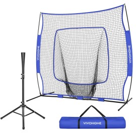 VIVOHOME Baseball Softball Batting Net - 7x7 Ft Baseball Backstop, Softball Practice Net for Hitting, Pitching, Throwing with Batting Tee and Carry Bag, Blue