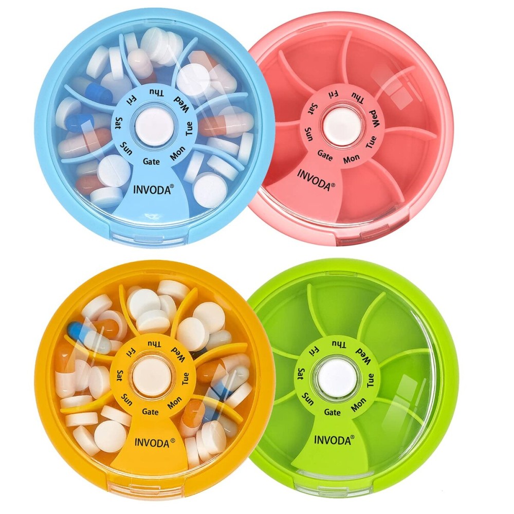 INVODA Weekly Pill Organizer 7 Compartment Rotating Pill Box for Daily Medication & Vitamins - Portable Travel Pill Case Fish Oil Supplements Vitamins Organizer (4PCS)