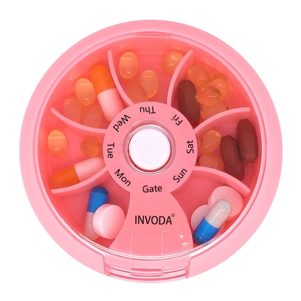 INVODA Weekly Pill Organizer 7 Compartment Rotating Pill Box for Daily Medication & Vitamins - Portable Travel Pill Case Fish Oil Supplements Vitamins Organizer (Pink)