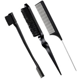 Geiserailie 3 Pcs Slick Back Hair Brush Set Bristle Brush Edge Control Teasing Comb for Women Black Hair(Black)