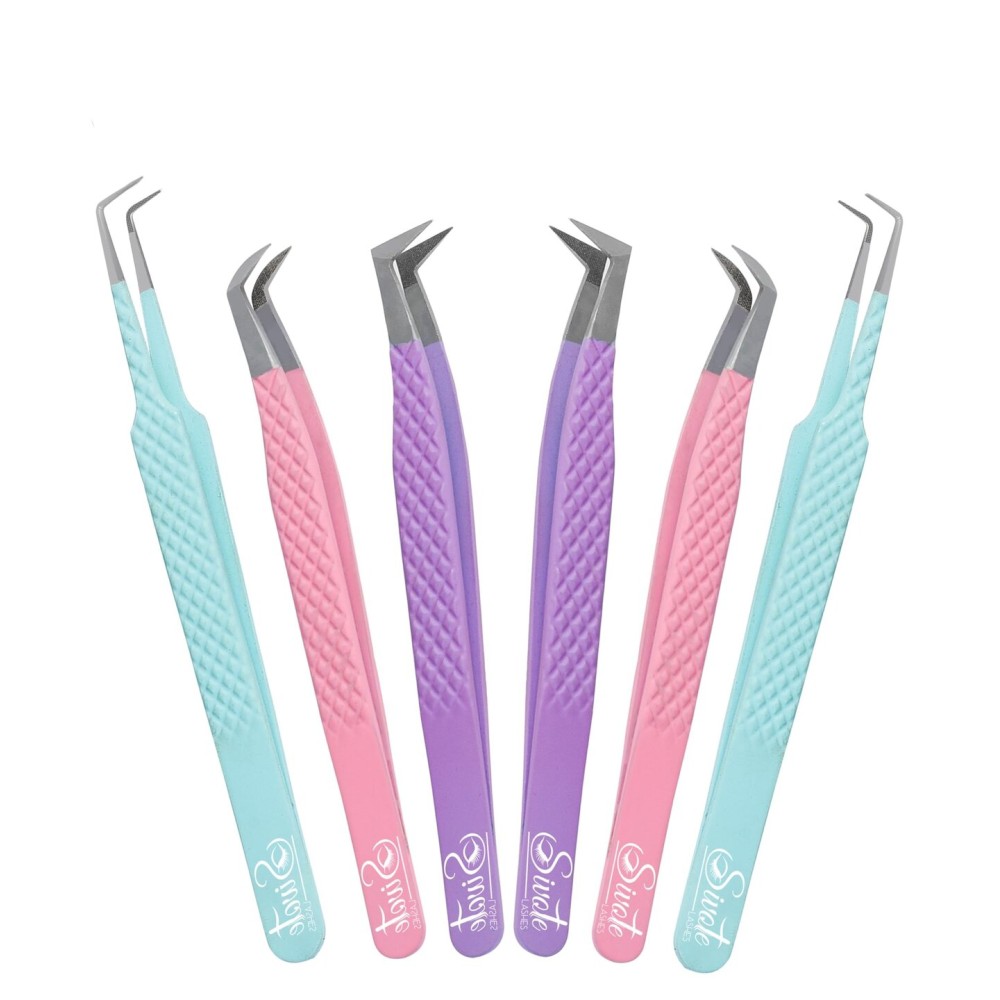 SIVOTE Lash Tweezers for Eyelash Extensions, Set of 6 - Volume, Volume Boot, Slim 90 Degree Tweezers with Fiber Tips in Pastel Colors, Ideal for Mega, Volume & Russian Lashes - Includes Leather Pouch